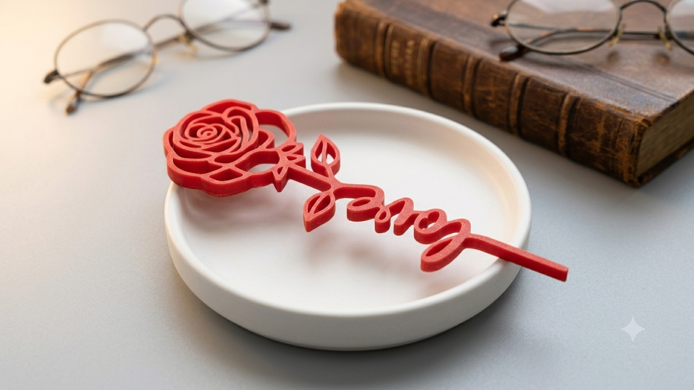 Czerwona Róża z Napisem "Love" 3D | Topper / Dekoracja Walentynkowa - zdjęcie 3